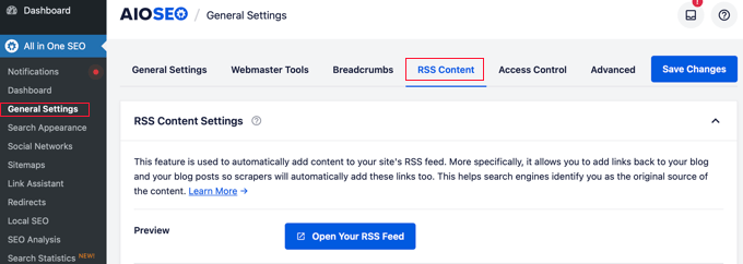 AIOSEO RSS general settings