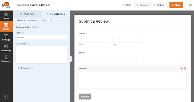 WP Forms drag and drop editor