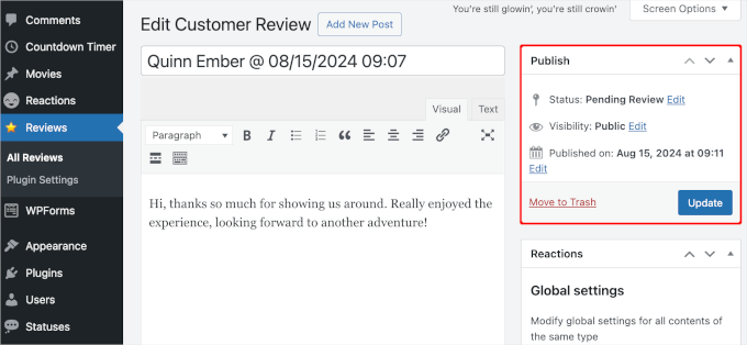 Review moderation settings in WP Customer Reviews