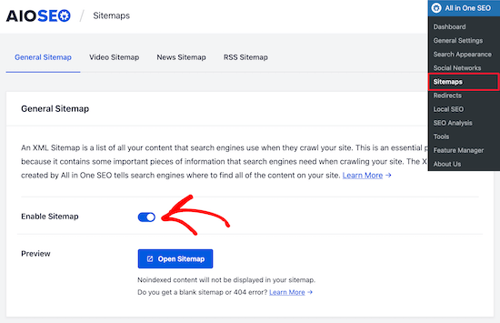 AIOSEO enable sitemap