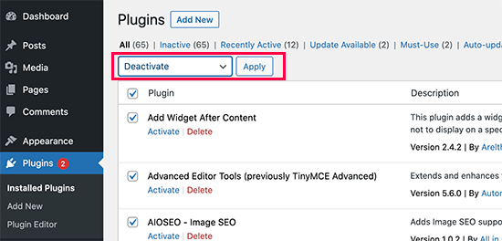 Disattiva tutti i plugin