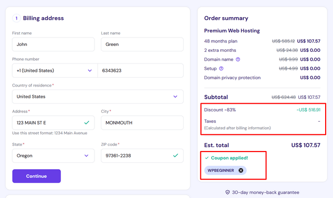 Hostinger Billing information and order summary