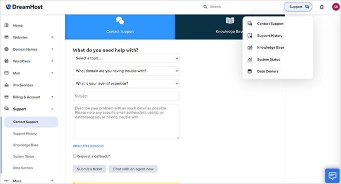 Dreamhost support options