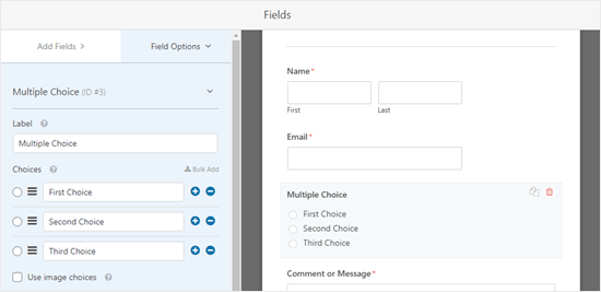 Editing the multiple choice field for your form