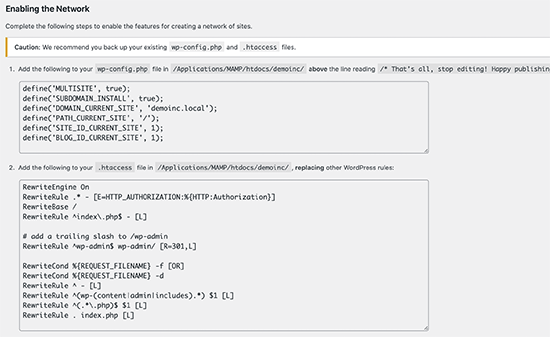 Configuration code required for enabling WordPress multisite