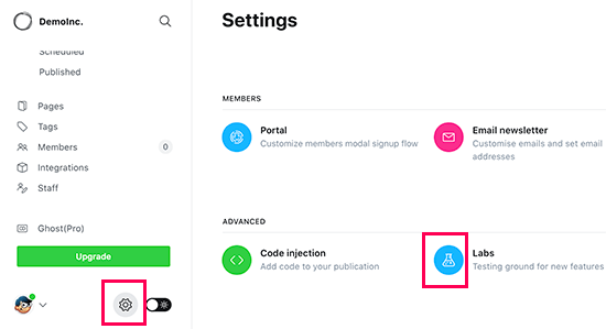 Accessing the labs page from Ghost settings