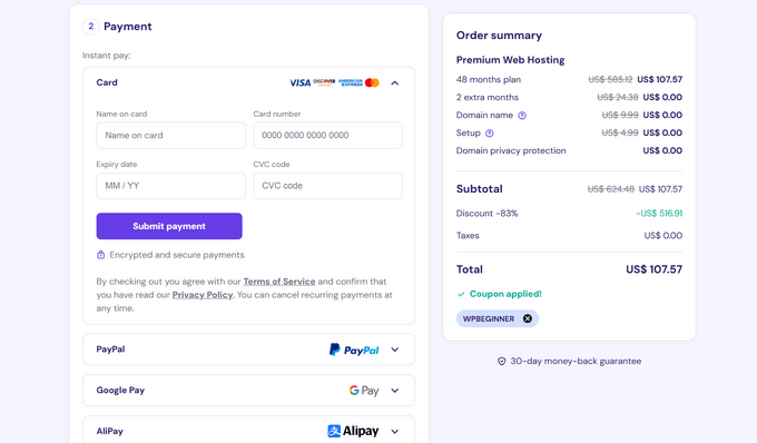 Hostinger Payment method and payment information