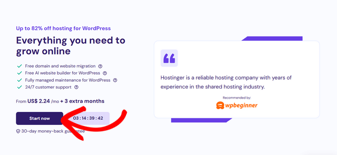 Click Start Now on the Hostinger website