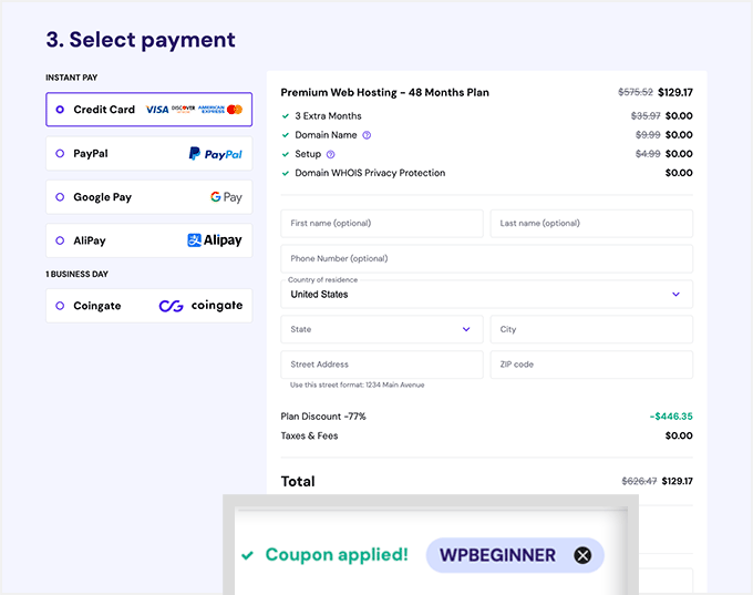 Hostinger choose a payment method and add details to purchase