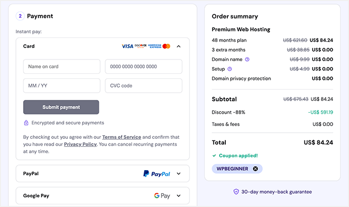 Hostinger Payment method and payment information