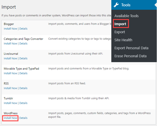 Installing the WordPress import tool