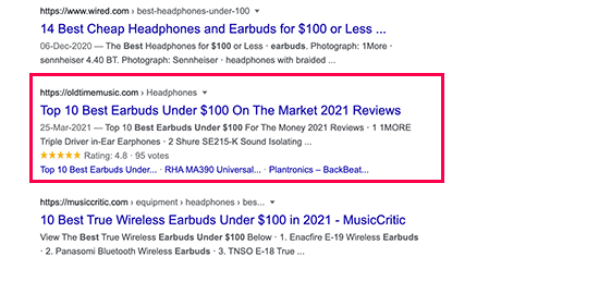 Rich snippets in search results