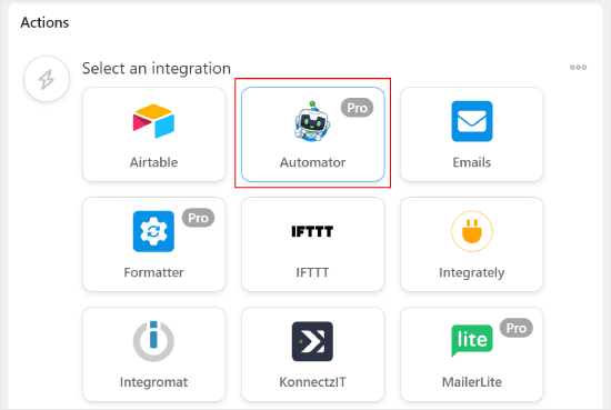 Choosing Automator integration on Uncanny Automator