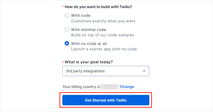 Click Get started with Twilio