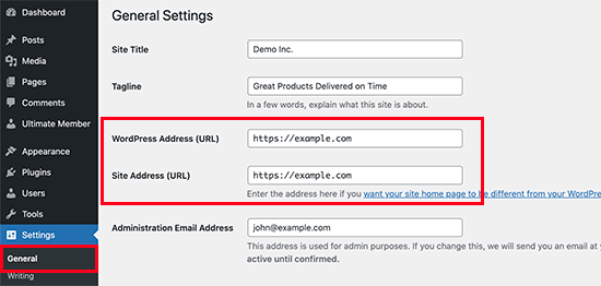 WordPress URL settings