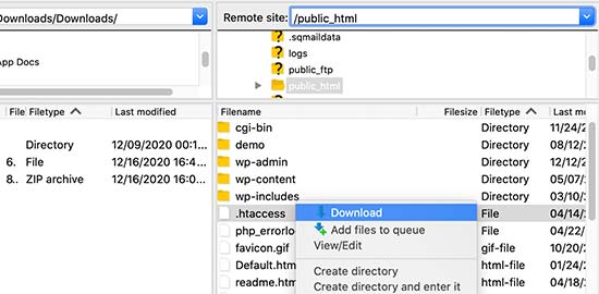 Scarica il file .htaccess come backup