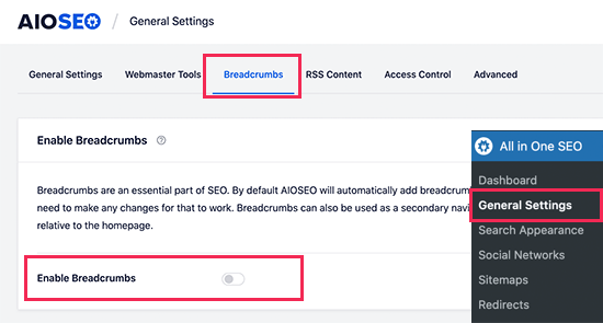 Enable breadcrumbs display in All in One SEO
