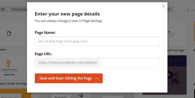 Enter a name for landing page