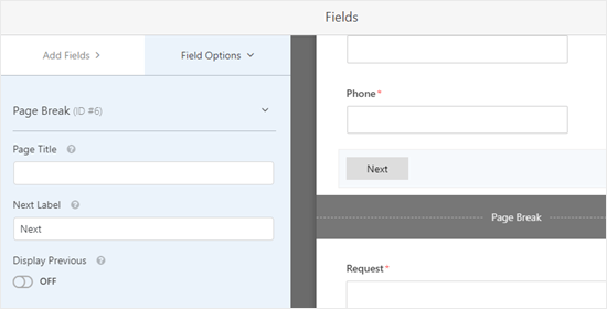 Editing the page break field in WPForms