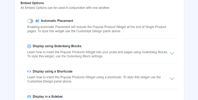 Popular products embed options