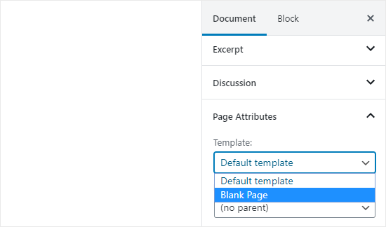 Selezionando il modello Blank Page nel tema Divi