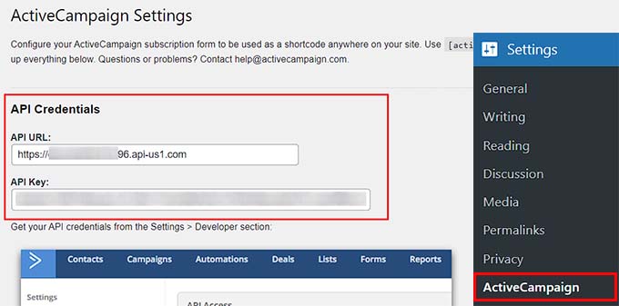 Add ActiveCampaign credentials into the field