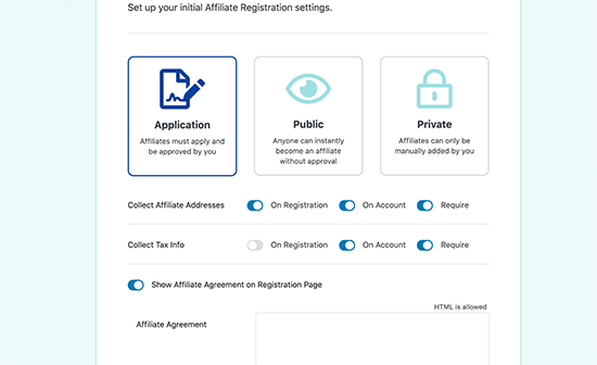 affiliate registration settings