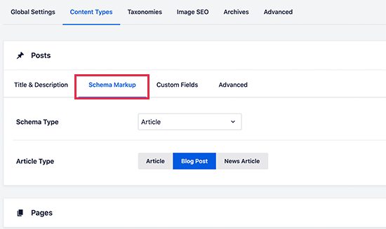 Choosing default Schema markup for content types in WordPress