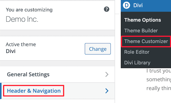  Välj Divi theme customizer