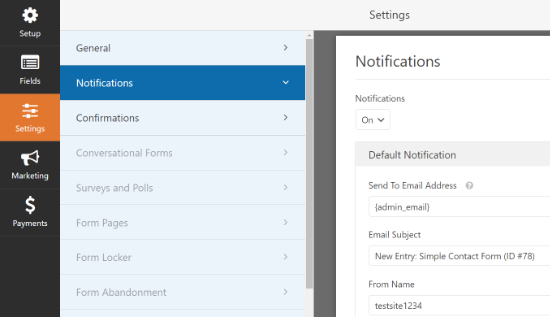 Notification settings in WPForms