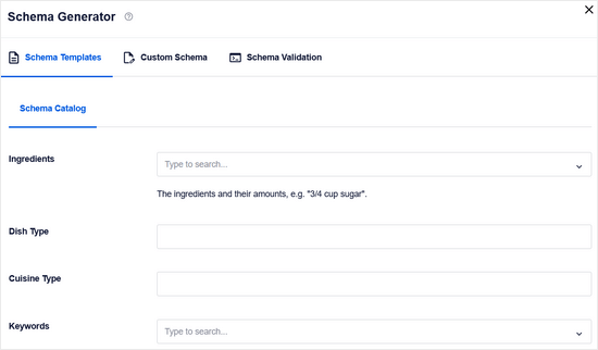 Additional fields to enter recipe schema information