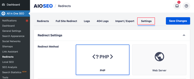 The AIOSEO forwarding settings page