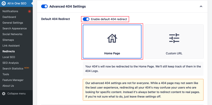 Enabling the default 404 redirect in AIOSEO