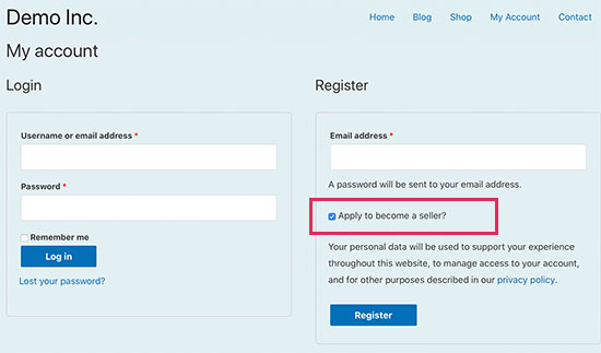 Seller registration page