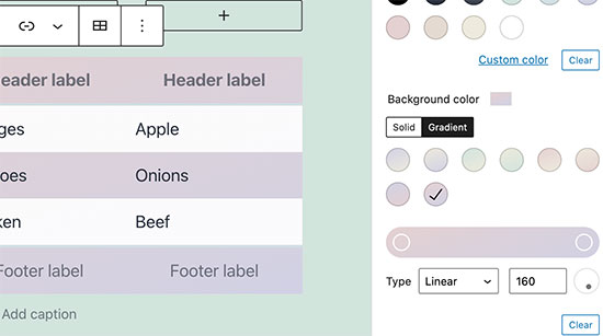 Gradient background color option for tables