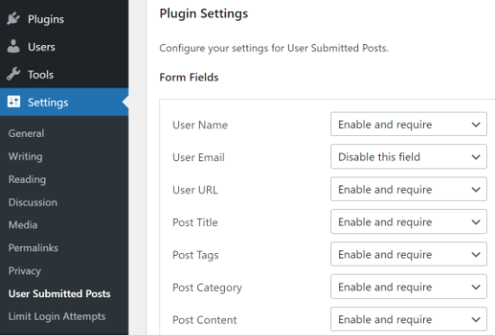 User Submitted Posts settings