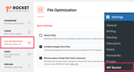 Ottimizzazione dei file in WP Rocket