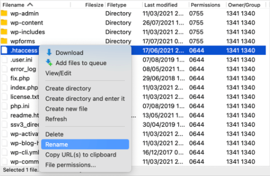 Fare clic con il tasto destro per rinominare .htaccess