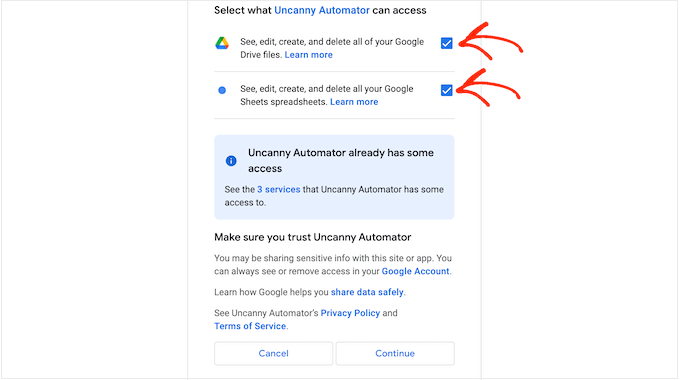 授予 Uncanny Automator 访问您的 Google 数据的权限