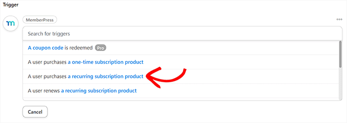选择 MemberPress 触发器