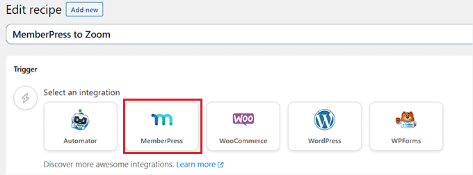 选择 MemberPress 作为触发器集成