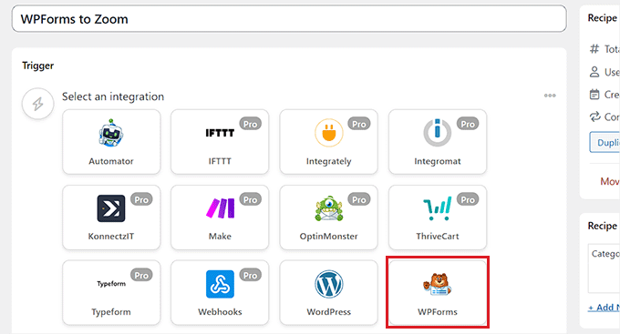 Choose WPForms as trigger