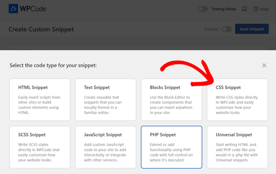 Choose CSS Snippet as the code type in WPCode