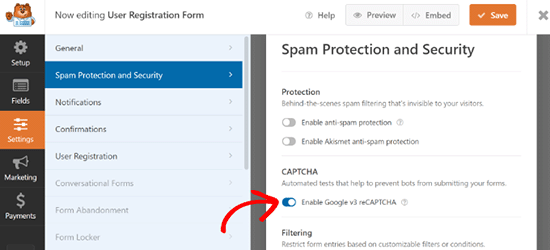 Enable the reCAPTCHA in the form