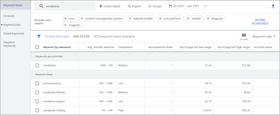 Google Ads Keyword Tool results