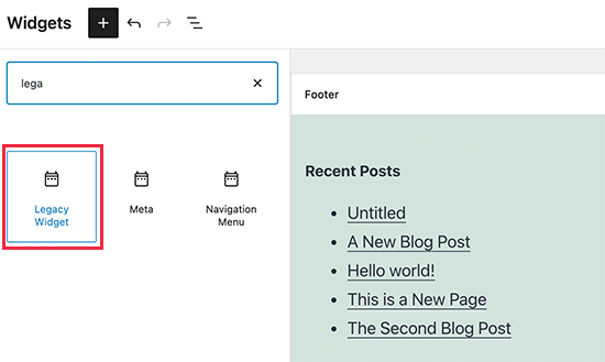 Aggiunta di widget legacy in WordPress 5.8
