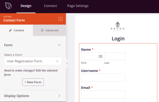 Preview of registration form in landing page builder