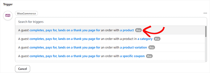 Select a WooCommerce trigger of your choice