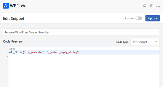 WPCode Remove WordPress Version code snippet