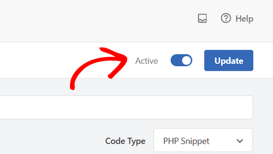 将代码片段切换为“活动”，然后单击 WPCode 中的“更新”